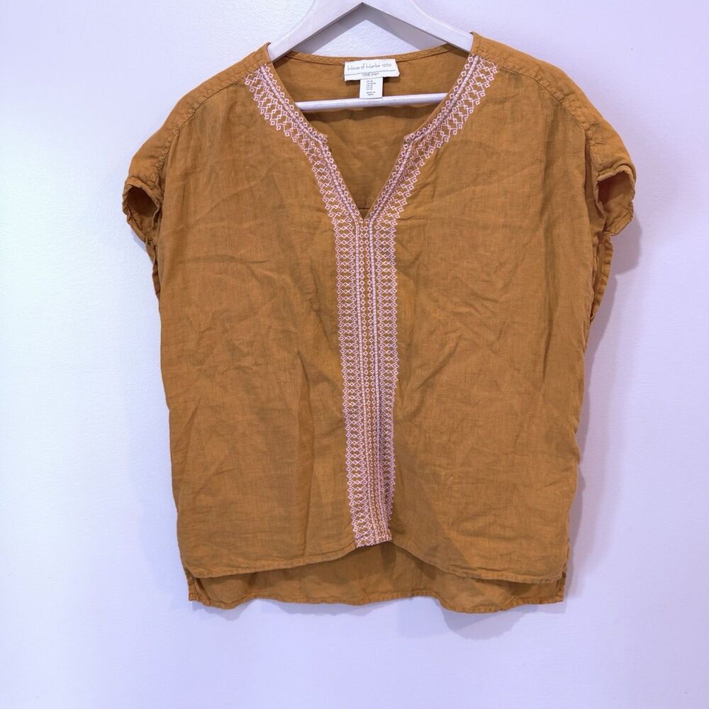 House of Harlow Boho 100% Linen Bib Embroidered Tunic Top Orange Medium